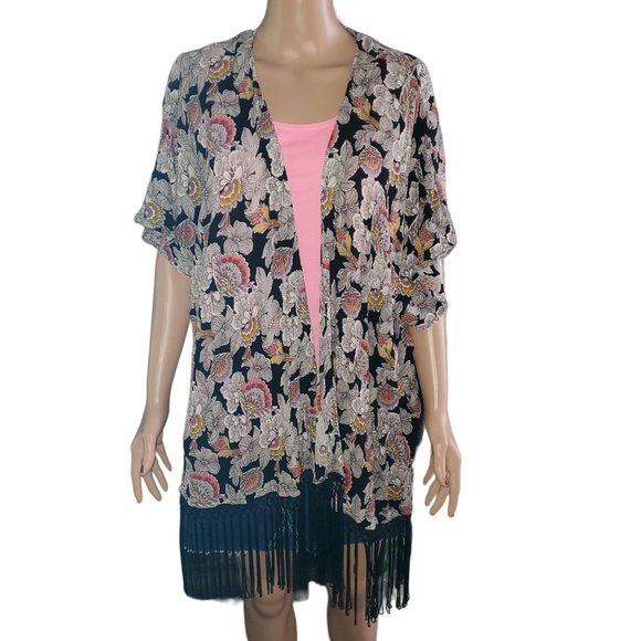 Forever 21 Sz S/M Black Pink Orange Floral Open Front Kimono Cardigan Fringe - Picture 1 of 6